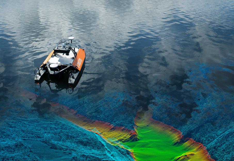 Sonar-integrated Aquadrone with a bathymetric survey overlay